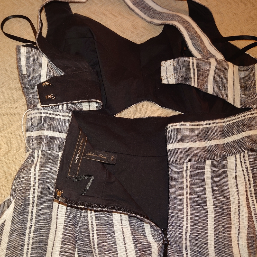 NWOT BCBG MaxAzria Cut-out Linen Halter Midi Dress - XS / 2 Striped Sundress Tea - Picture 10 of 12